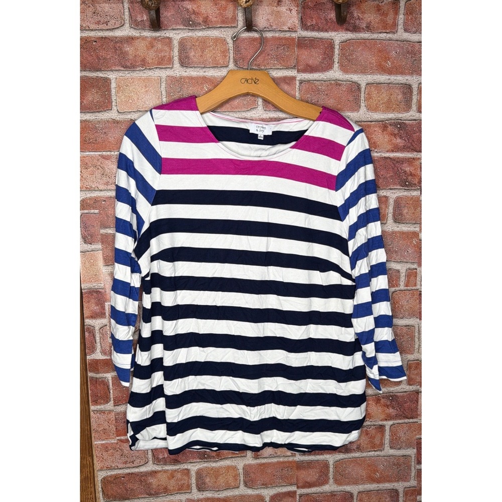 Crown & Ivy Womens Large Striped Long Sleeve Top Navy Pink White Preppy Tee
